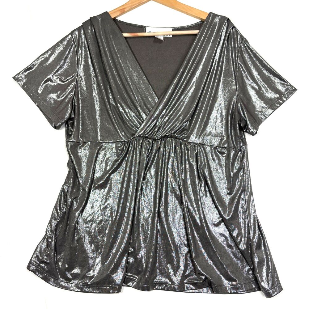 Denim 24/7 Babydoll Blouse Women’s L‎ Silver Metallic Y2K Glam Party Clubwear